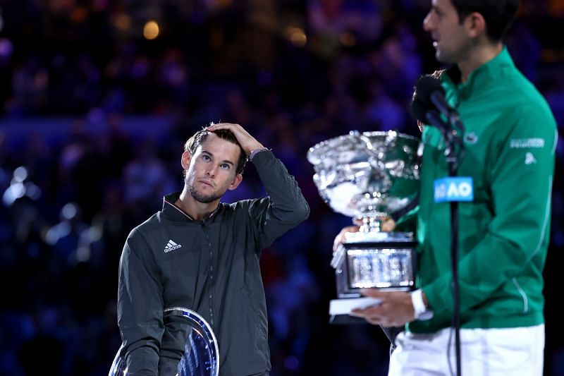 Dominic Thiem (L) and Novak Djokovic