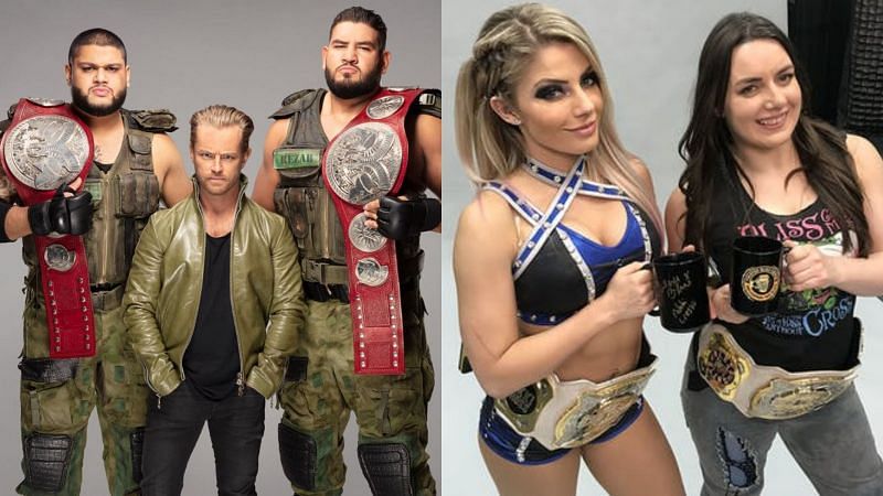 The Authors of Pain (left); Alexa Bliss and Nikki Cross (right)