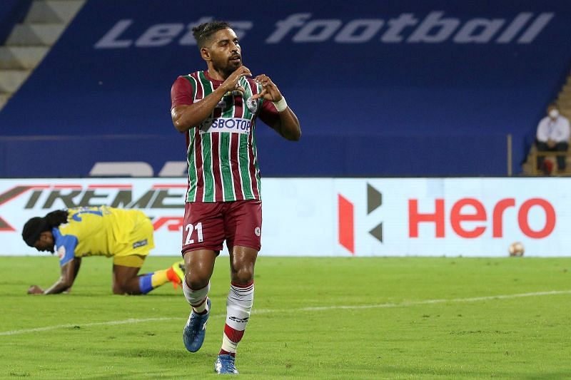 Roy Krishna celebrates after scoring for ATK Mohun Bagan in this season of ISL