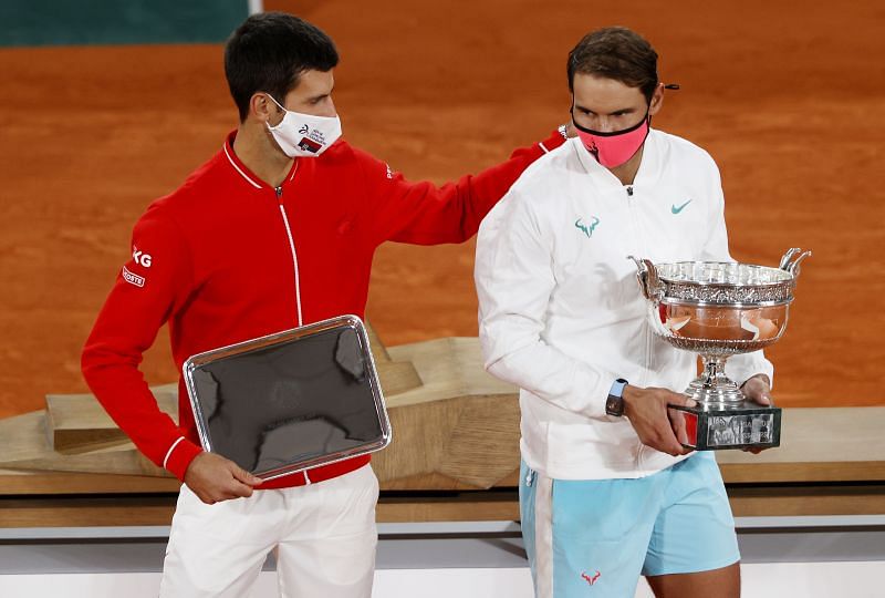 Novak Djokovic (L) and Rafael Nadal at Roland Garros 2020