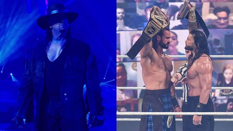The Undertaker (left); Drew McIntyre and Roman Reigns (right)