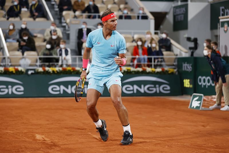 Rafael Nadal in action at the 2020 French Open final.