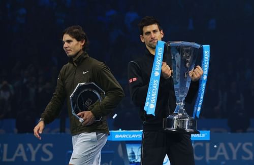 Rafael Nadal (L) and Novak Djokovic at the 2013 ATP Finals