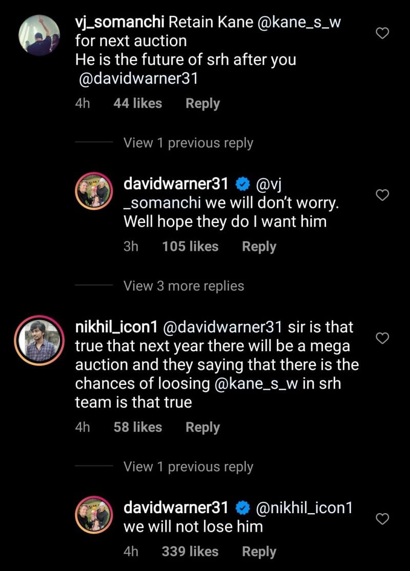 David Warner replied to a few SRH fans on his m Instagram post
