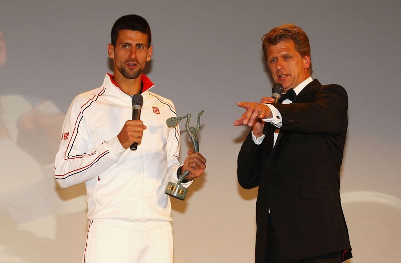 Novak Djokovic receiving the Men&#039;s Singles World Champion award during the ITF World Champions Dinner in June 2012