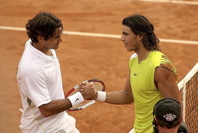 Rafael Nadal (R) and Roger Federer at the Rome Masters 2006
