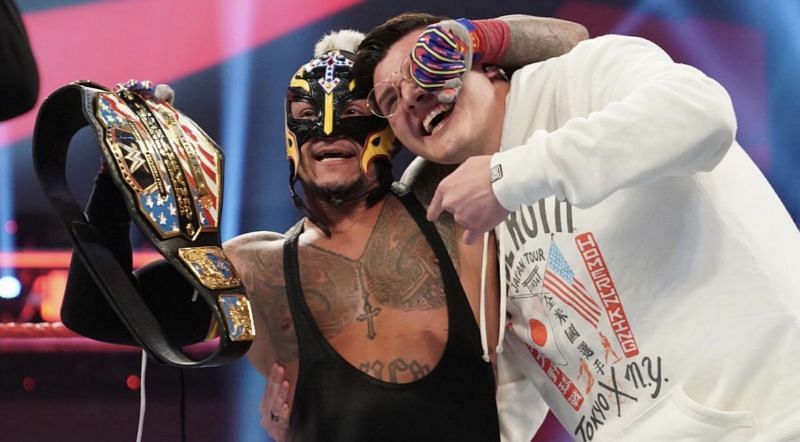 Rey Mysterio with his son Dominik Mysterio after winning the WWE United States Championship
