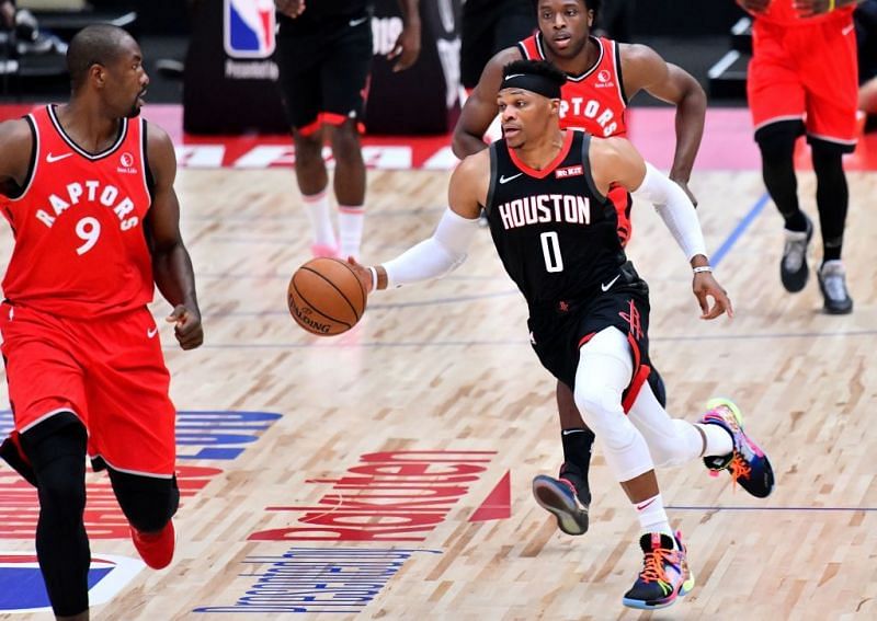 Russell Westbrook running the floor in Houston