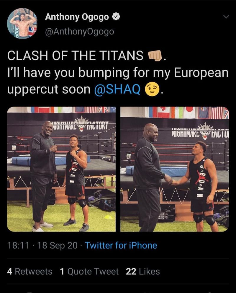 In this deleted tweet from Anthony Ogogo&#039;s Twitter account, it shows Shaquille O&#039;Neil at the Nightmare Factory back in September.