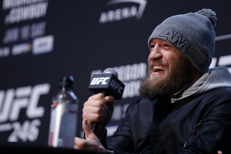 Conor McGregor laughs during the UFC 246 Ultimate Media Day