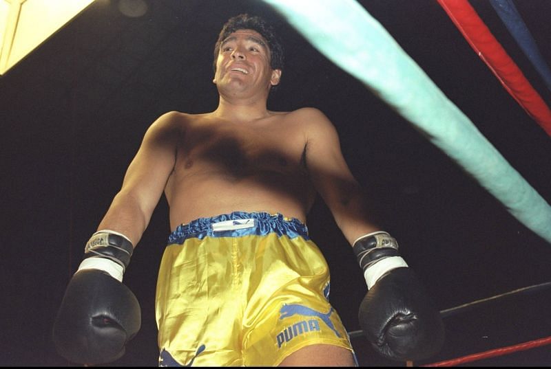 Diego Maradona of Argentina in an exhibition boxing match for charity back in 1996