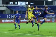 Hyderabad FC strikcer Aridane Sanatan came close to scoring with his effort saved by Gurpreet Singh Sandhu