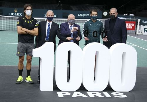 Rafael Nadal celebrating his 1000th win at the Paris Masters 2020