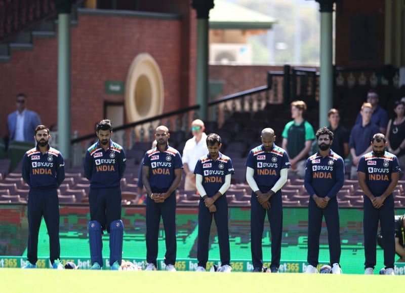 Indian team paying respect to Dean Jones and Phil Hughes. Pic: BCCI/Twitter
