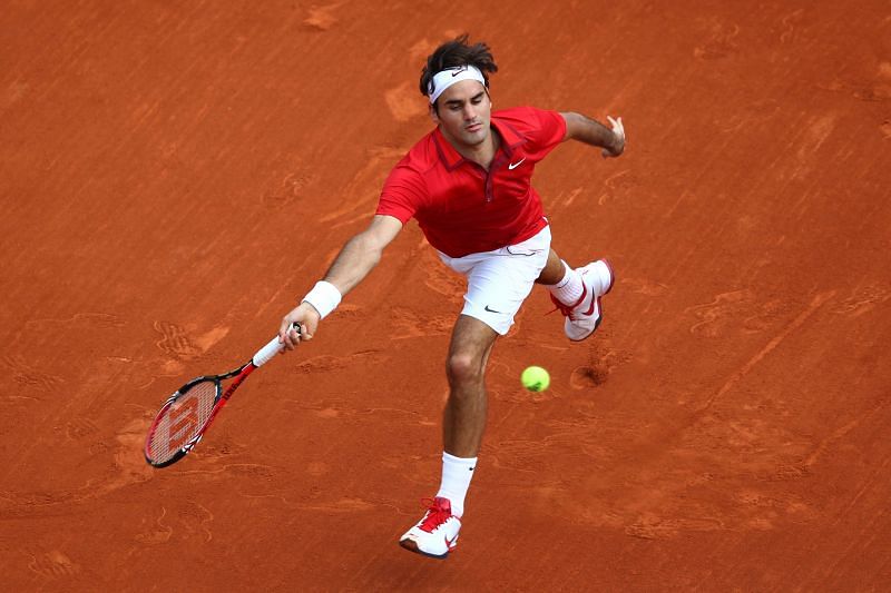 Roger Federer during the men&#039;s singles final match against Rafael Nadal at the 2011 French Open