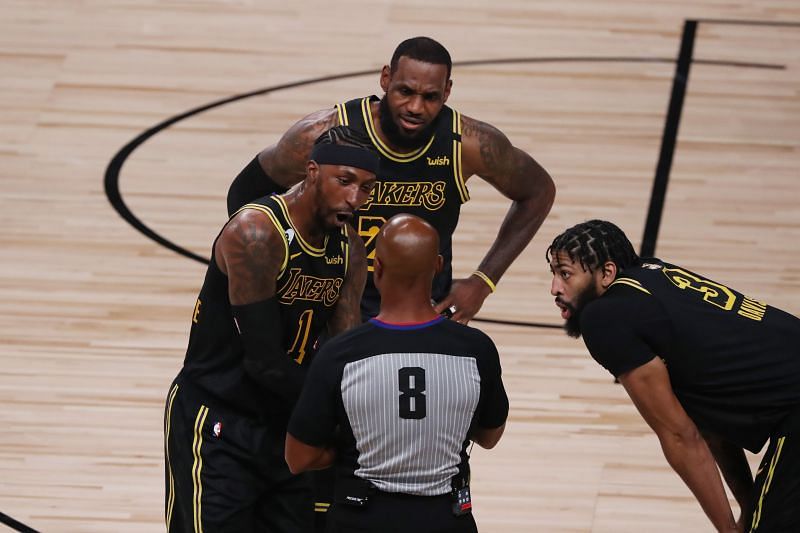 Kentavious Caldwell-Pope (left) with his LA Lakers teammates LeBron James (center) and Anthony Davis. (right)