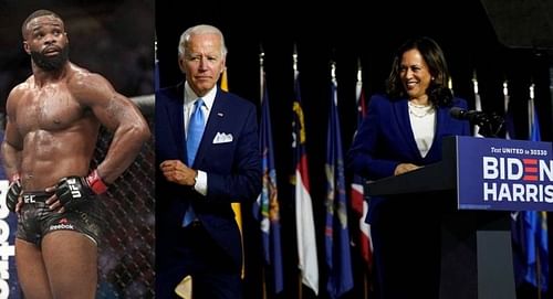 Tyron Woodley (left); Joe Biden (center); Kamala Harris (right)