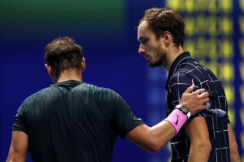 Rafael Nadal (L) and Daniil Medvedev at the Nitto ATP Finals 2020