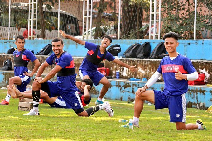 NorthEast United FC players&nbsp;in a fun mood during a training session (Image courtesy: Neufc Social Media)