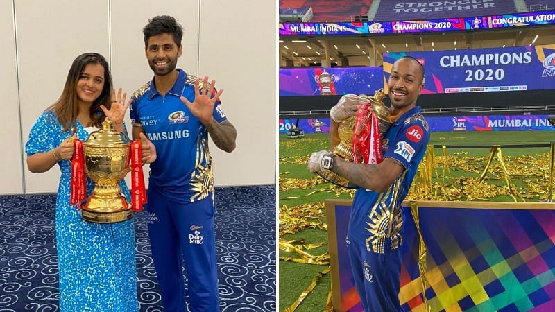 Suryakumar Yadav celebrated the IPL 2020 title win with his wife; Hardik Pandya poses with the trophy in his hands (Image Courtesy: Instagram)