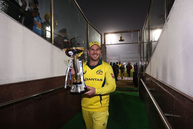 Aaron Finch with the trophy after beating India 3-2 away in 2019