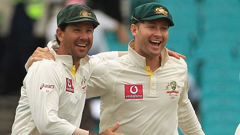 Ricky Ponting celebrates with Michael Clarke