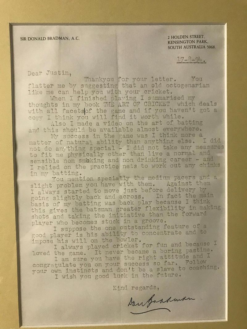 Sir Don Bradman&#039;s reply to a letter by Justin Langer asking for his advice in 1994. Image source - cricket.com.au