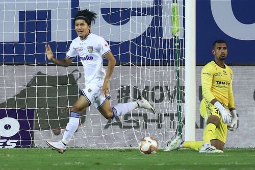 Anirudh Thapa scores for Chennaiyin FC in the opening minute of the match against Jamshedpur FC