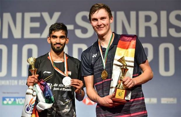 (From left) Kidambi Srikanth and Viktor Axelsen on the podium after the latter won the India Open in 2019.