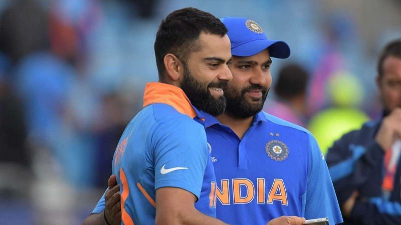 Rohit Sharma (R) and Virat Kohli (L) in action during the 2019 World Cup in England