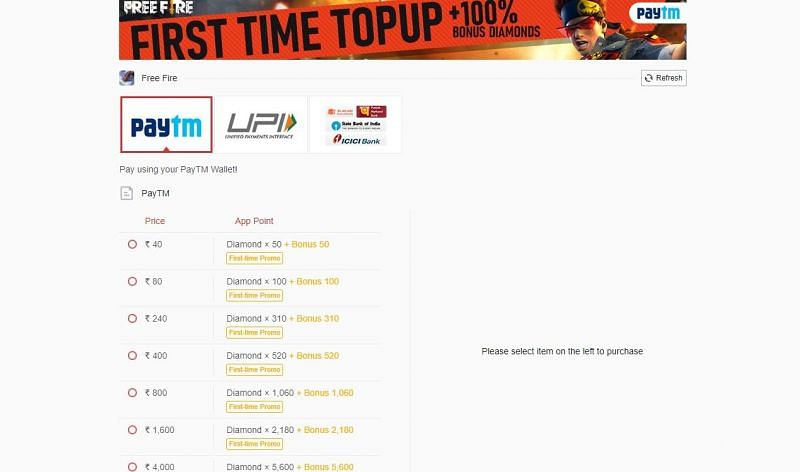 Free Fire top-up page on Games Kharido