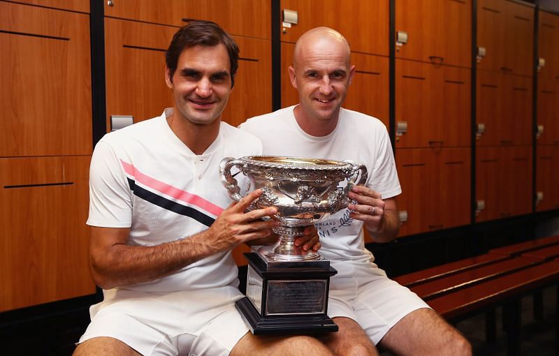 Roger Federer with Ivan Ljubicic after winning the 2018 Australian Open.