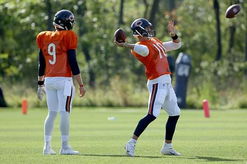 Chicago Bears QBs Nick Foles (#9) and Mitch Trubisky (#10)