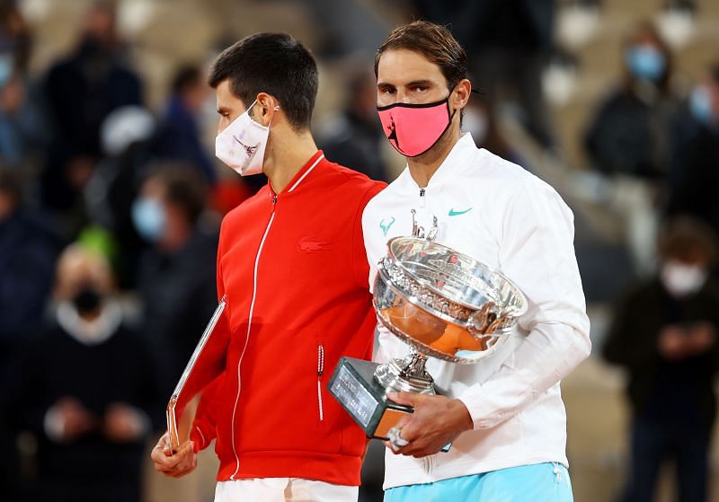 Novak Djokovic (L) and Rafael Nadal at the 2020 French Open