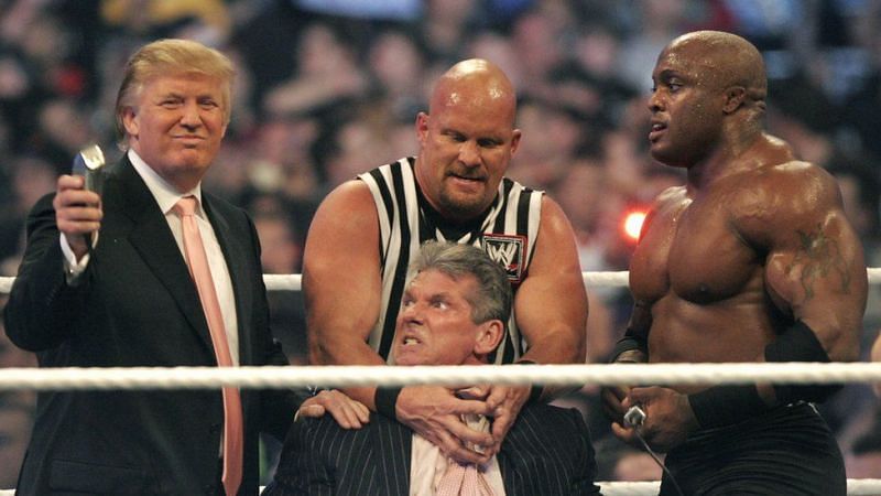 Donald Trump with Vince McMahon, Stone Cold Steve Austin and Bobby Lashley