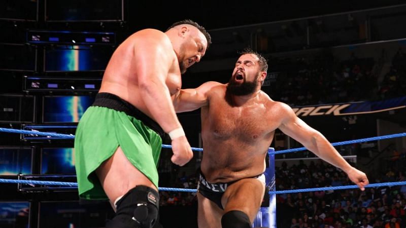 Rusev trading blows with Samoa Joe.