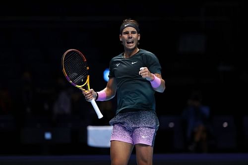 Rafael Nadal exults after beating Stefanos Tsitsipas.