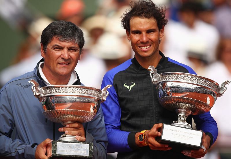 Toni Nadal with nephew Rafael Nadal at the 2017 French Open