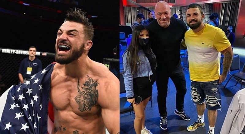 Mike Perry (far left and far right); Perry&#039;s girlfriend and corner person Latory Gonzalez (second from left); UFC President Dana White (second from right)