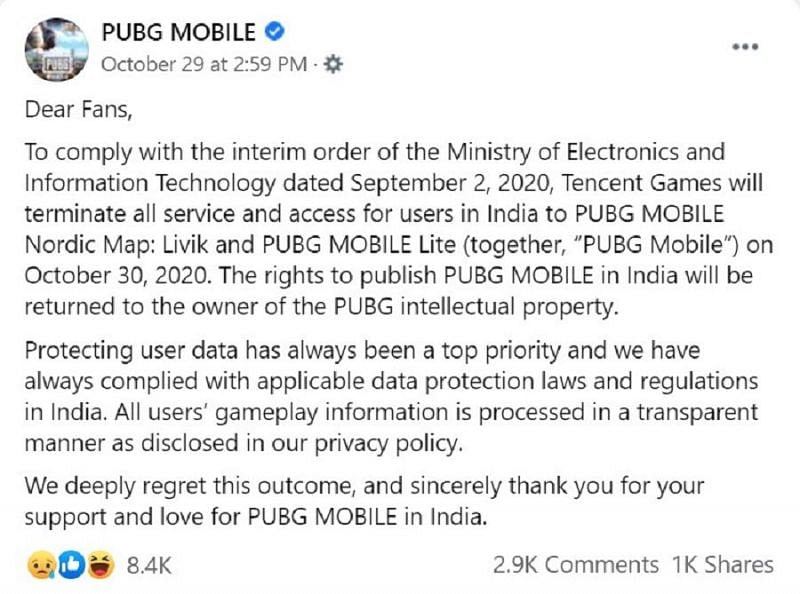 Official announcement by PUBG Mobile on their Facebook page