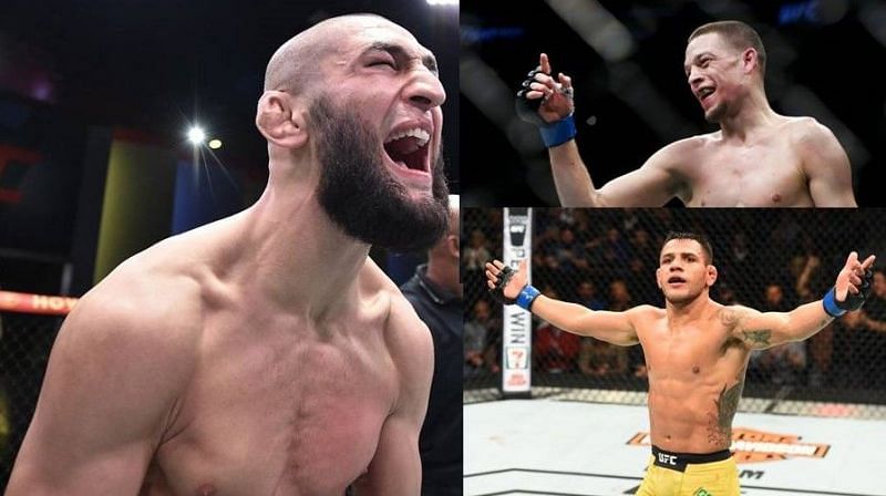 Khamzat Chimaev (left); Nate Diaz (above right); Rafael dos Anjos (below right)