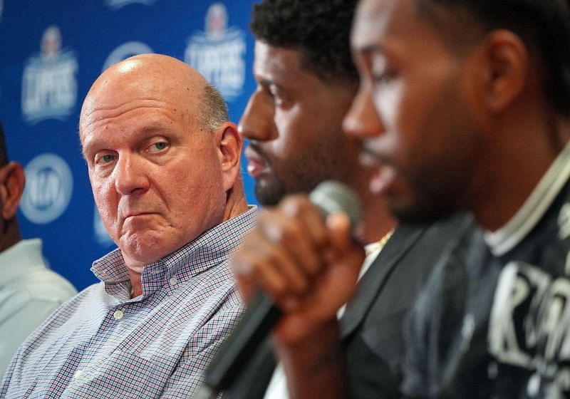 LA Clippers owner, Steve Ballmer with players Paul George and Kawhi Leonard