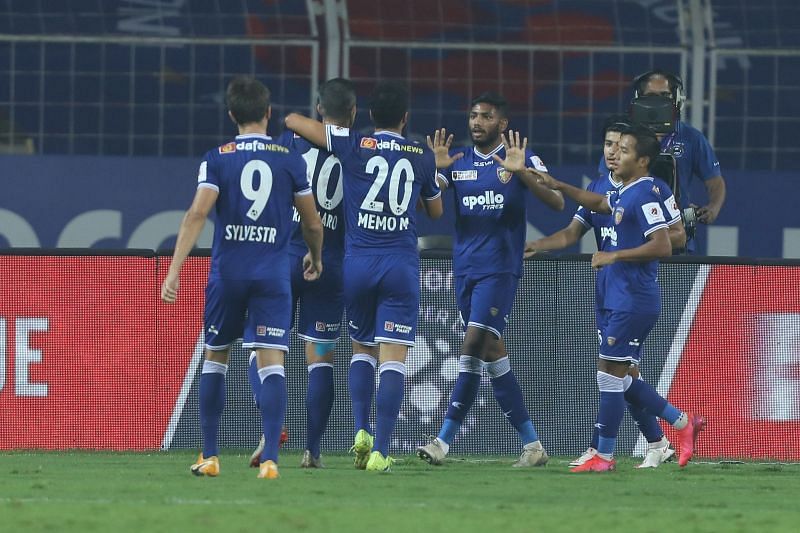 Chennaiyin FC&nbsp; players celebrate a goal (Image Courtesy: ISL Media)