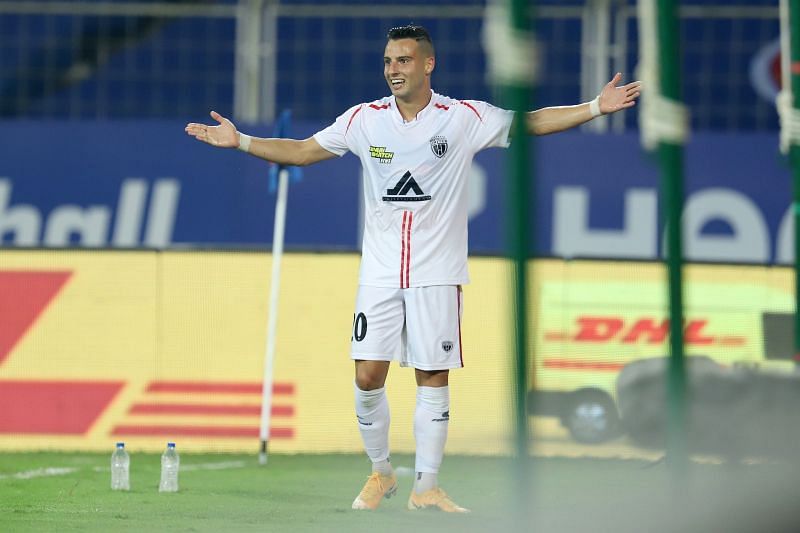 Luis Machado&#039;s brace helped NEUFC earn a point from the game (Courtesy: ISL)