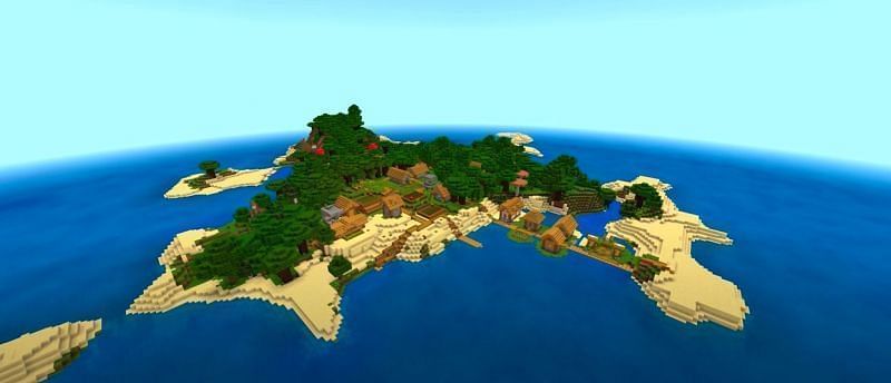 A medium-sized Minecraft island populated with a village, dark oak trees, and a few huge mushrooms (Image via Minecraft &amp; Chill/YouTube)