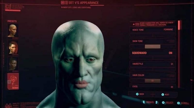 A redditor made a meme on the character customization feature in Cyberpunk 2077 by bringing Squidward to the game. (Image via Reddit : u/Just-a-BMX-Kid)