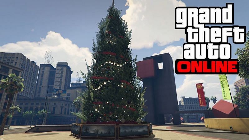 There are Christmas trees spread throughout Los Santos in GTA Online, but the biggest is in Legion Square (Image via ALMIGHTY GAMER, Youtube)