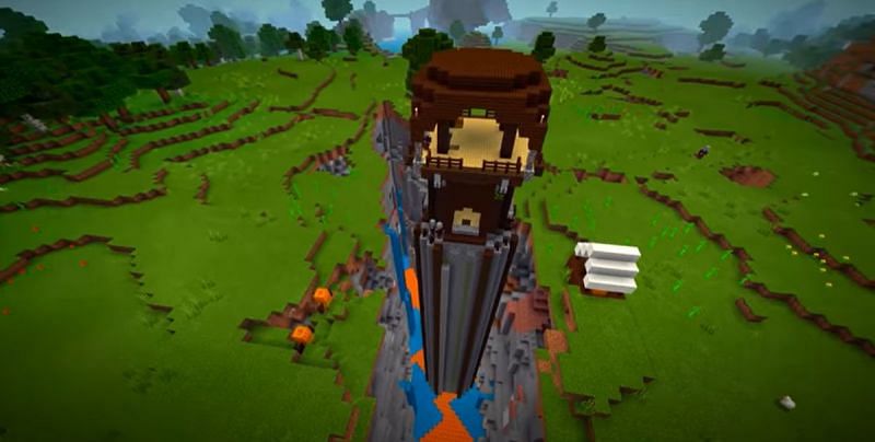 A massive skyscraper sized Pillager Outpost in a ravine in Minecraft. (Image via Minecraft &amp; Chill/YouTube)
