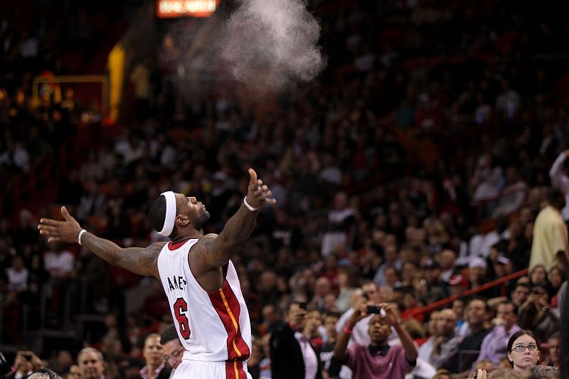 Lebron James with his iconic &quot;chalk toss&quot; during his Miami Heat days