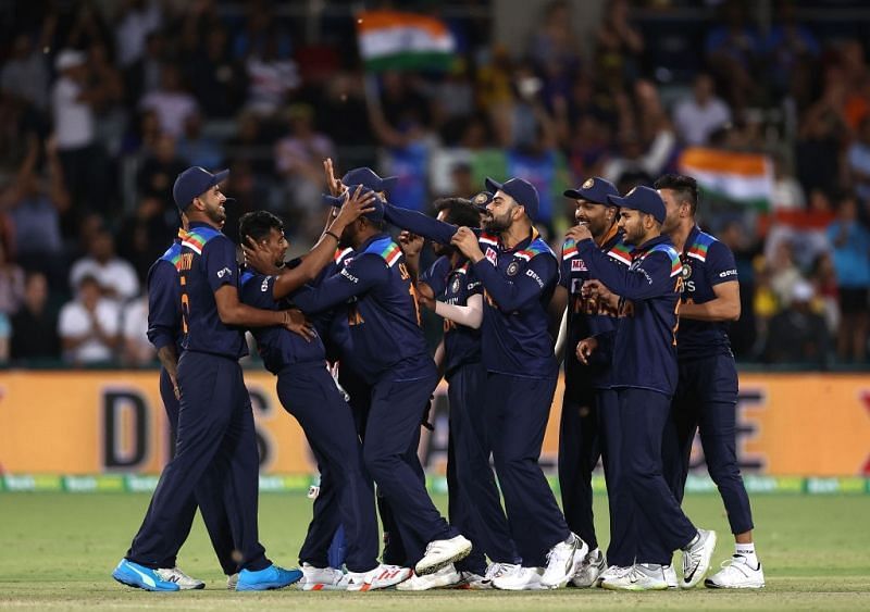 T. Natarajan celebrates a wicket with teammates. Pic: ICC/Twitter